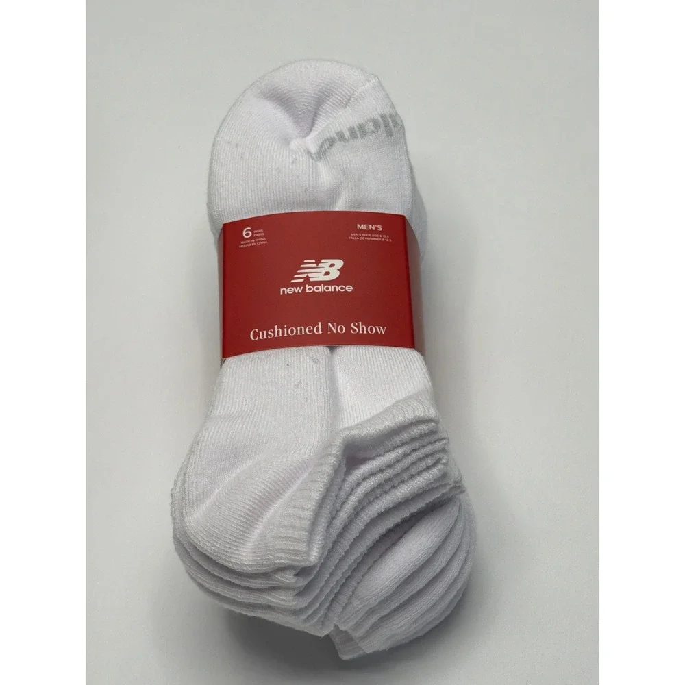 New Balance Men's 6 Pack White Cushioned No Show Socks‎ Athletic L